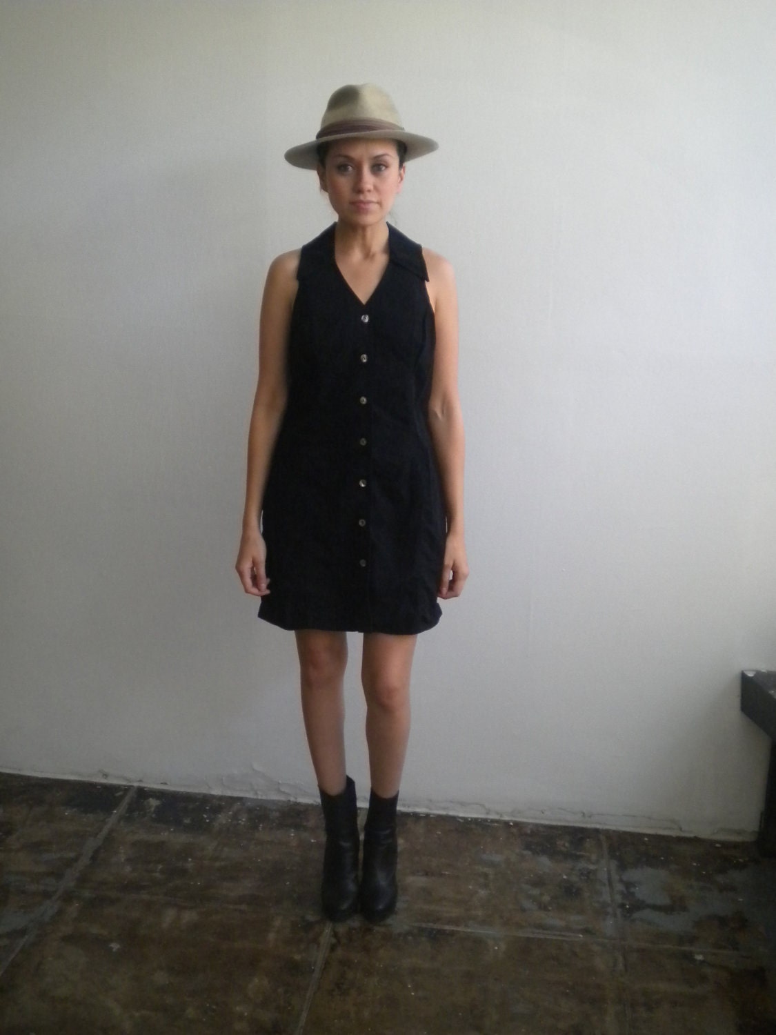 Vintage Black DRESS - denim, collared, spring/summer, button up
