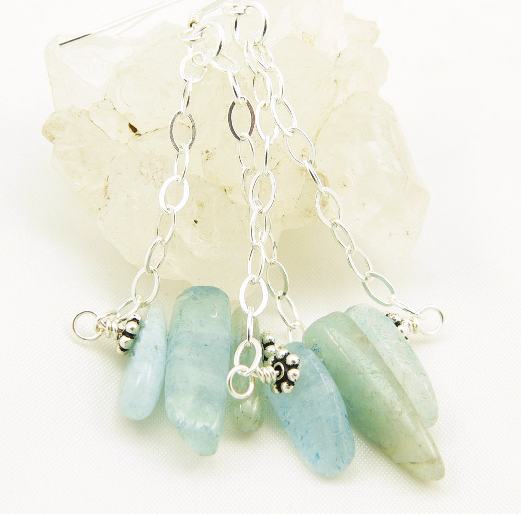 March Birthstone Natural Moss Aquamarine Gemstone Sterling Silver Dangle Earrings - Artisan Jewelry
