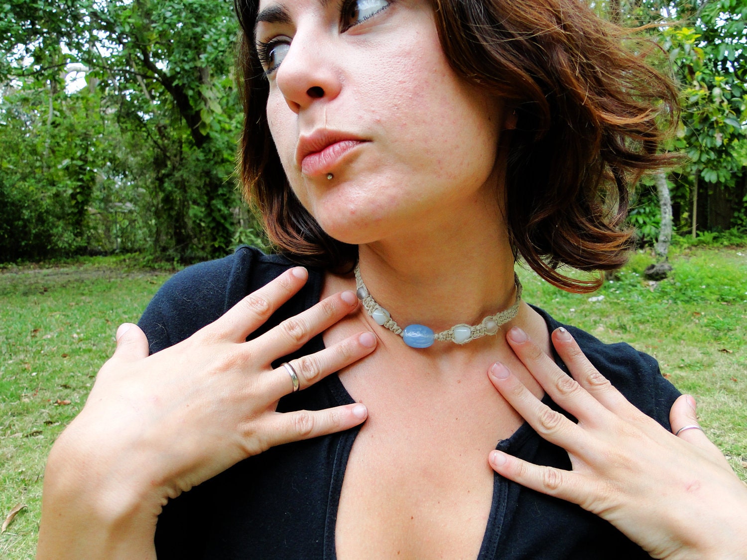 Sea Breeze hemp choker with pale periwinkle blue glass beads