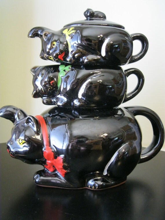 Shafford Redware Black Cat Stacking Teapot Japan by ColleenKays