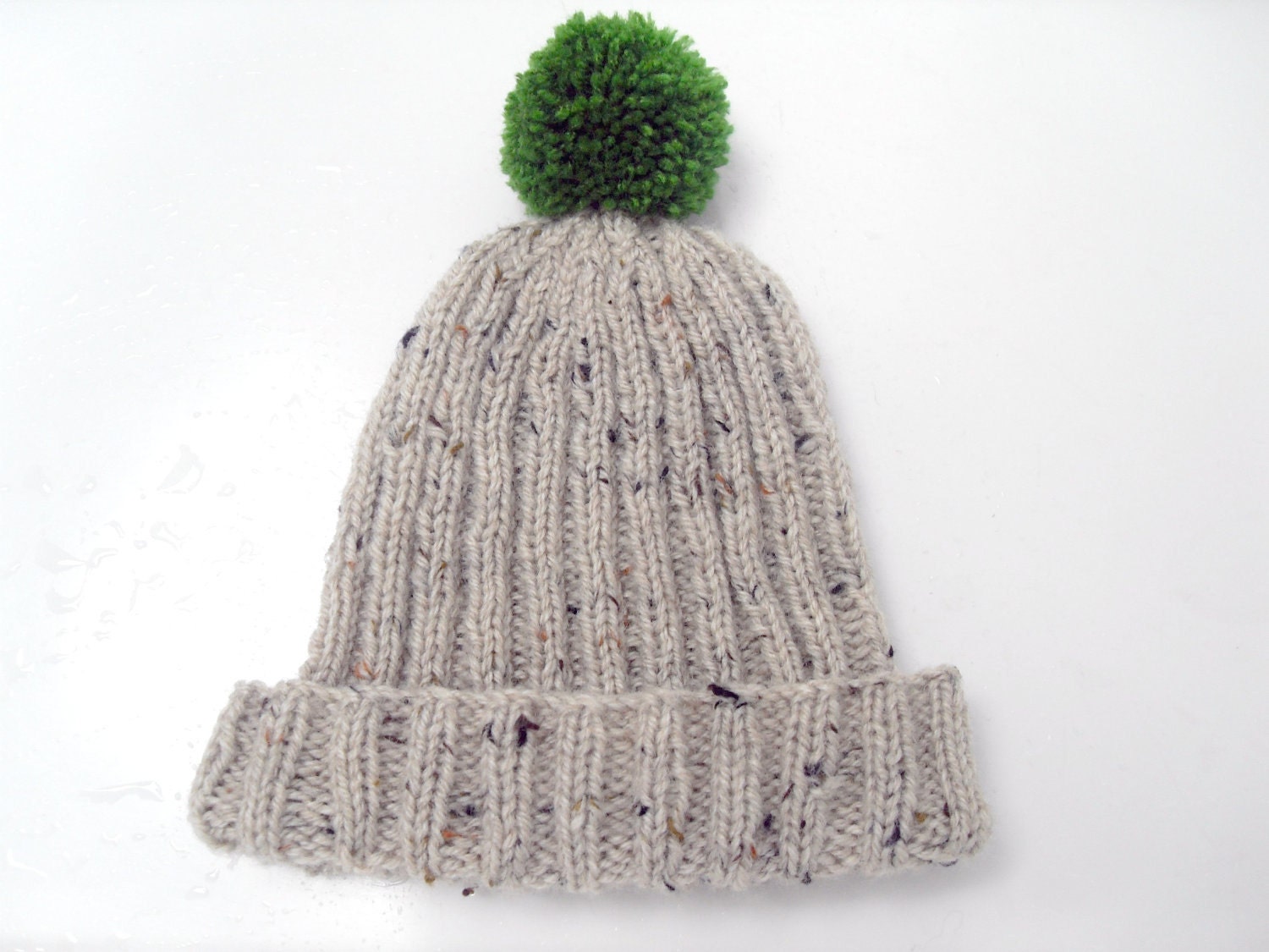Pom Pom Hat in Oatmeal and Green, Unisex and Hand knitted