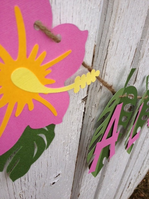 ALOHA Luau Party Banner, Pink hibiscus green, ready to hang - hawaiian party