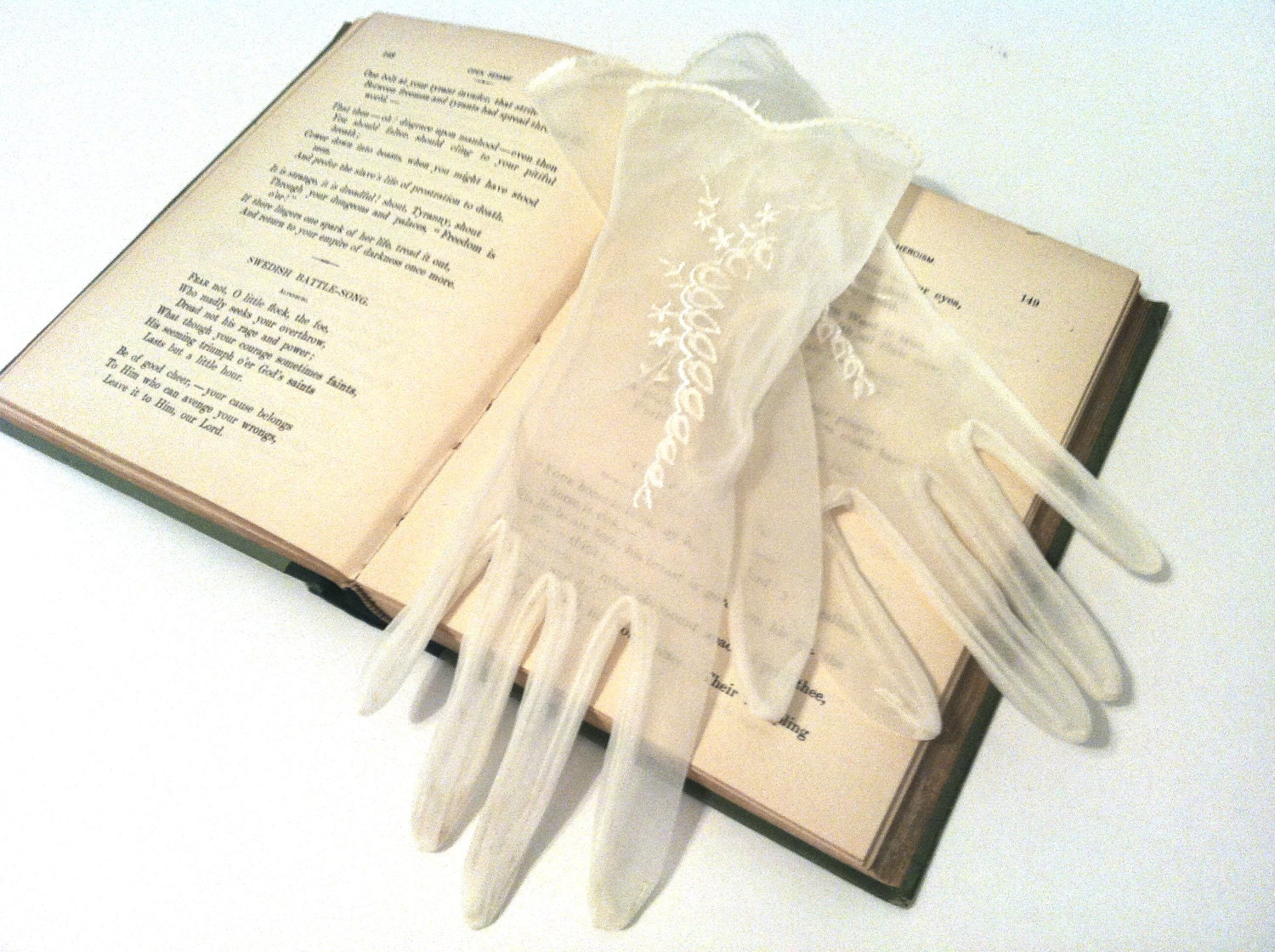 Sheer Vintage Gloves, Wedding, Embroidered, Lightweight Ivory Nylon