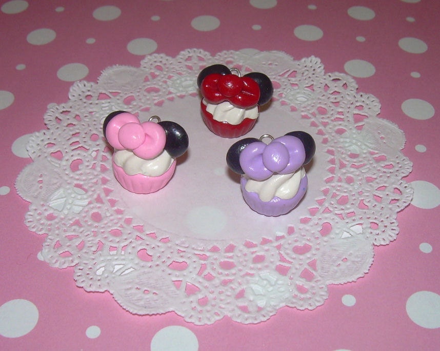 Minnie Mouse Cupcake Charm -  Choose Pink, Red or Lavender Polymer Clay Pendant