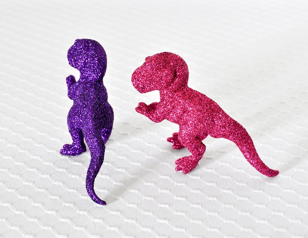 Baby T-Rex Dinosaurs in Fuchsia Hot Pink, Grape Purple Glitter Baby Shower Table Settings, Girly Girl Nursery Decor or Fun Home Decorations