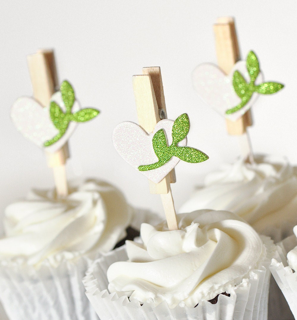 Spring Wedding Cupcake Toppers Rustic Leaf Heart Love Clips Summer Bridal Shower Decorations, Guest Favors, Place Card Holders, Set of 12