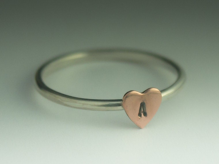 personalized stacked jewelry Heart Ring - Sterling Silver and a Copper Heart ring with your choice of Initial