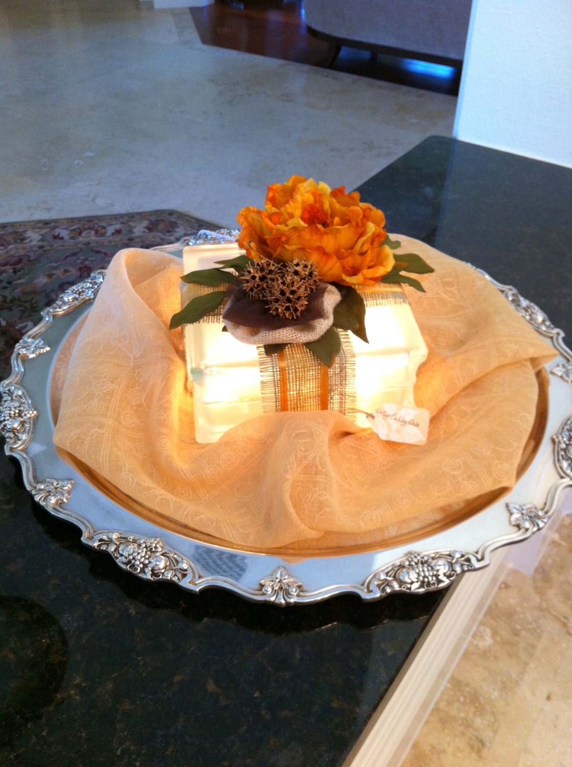Glass Block Lighted,  Autumn Rustic Home Decor , Celadon, Tangerine, Rust,  Brown, Fall Decor, Nature