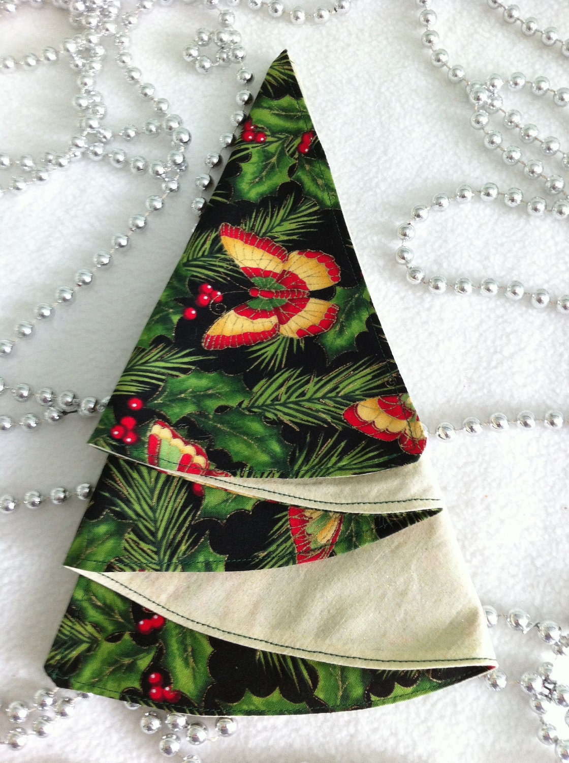 Items similar to Fabric Christmas Napkins, Christmas Tree Fold, Butterflies Holly Berries, Red