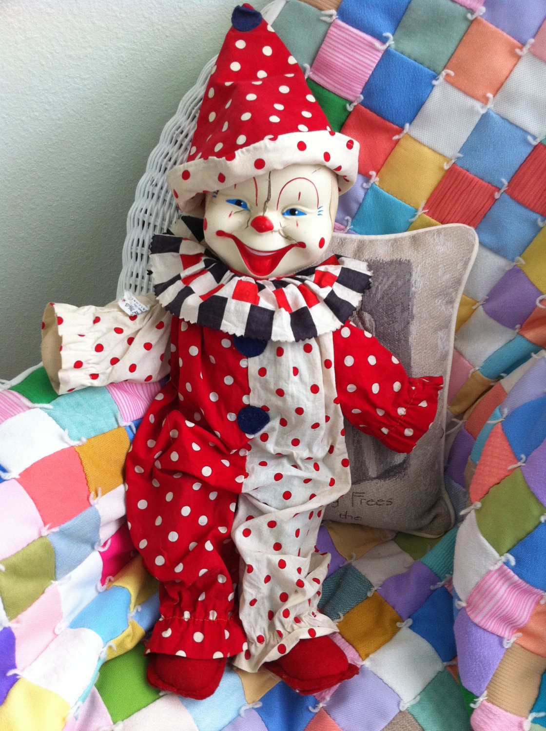 Vintage Clown Doll, Gunde, Crank, Red & Whitle, Polka Dots Photo Prop