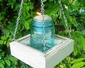 Shabby Cottage Chic Wedding Hanging Mason Jar, Candle or Flower Holder - Small with Chain - Reclaimed Wood Garden Decoration