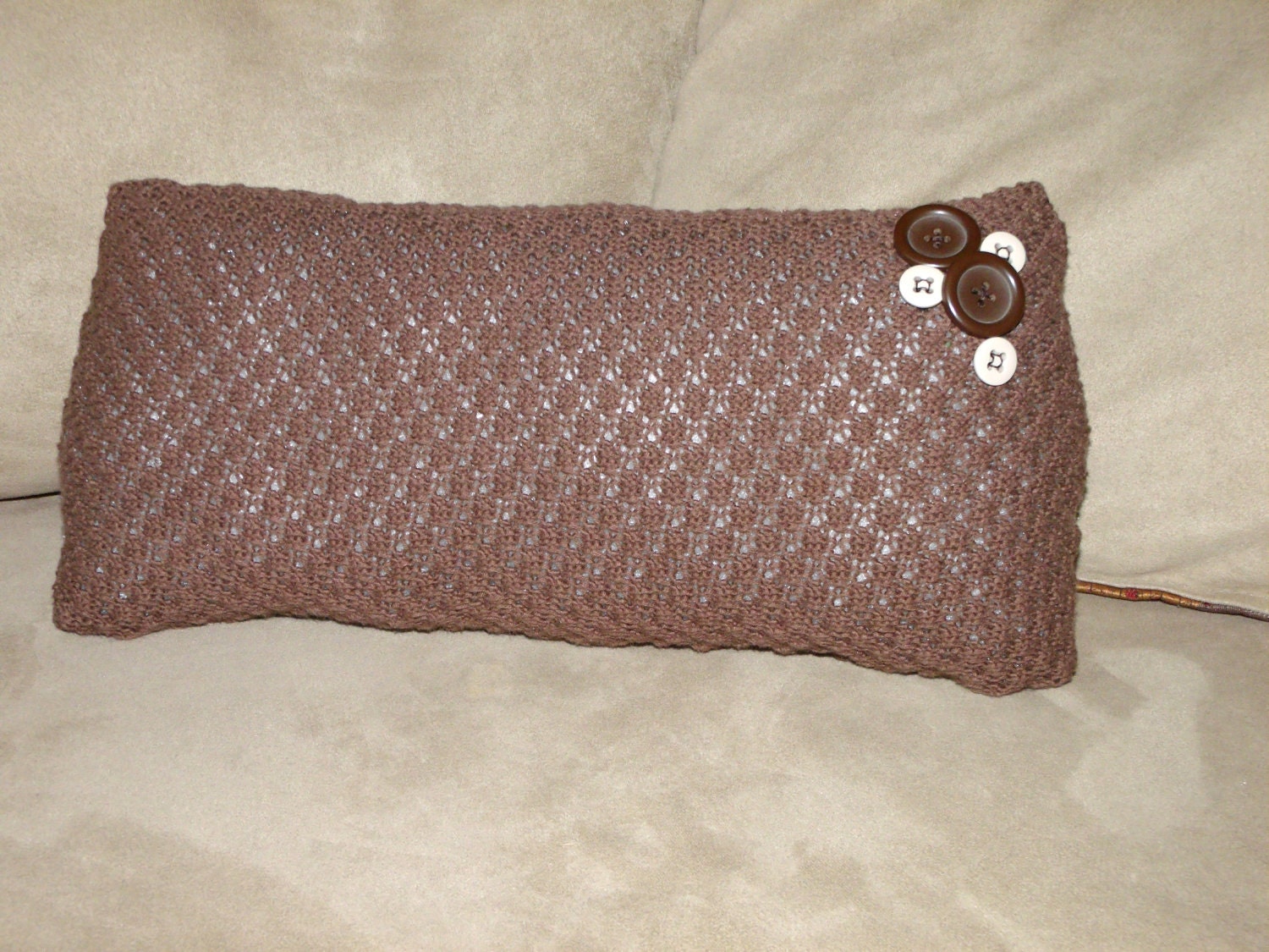 Upcycled Knit Pillow,15x7,  Brown with Buttons