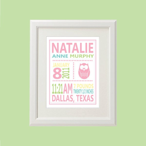 8x10 Personalized Owl Birth Stats Print (More Colors & Sizes Available) Custom Nursery Decor