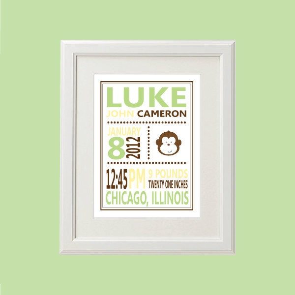 8x10 Personalized Monkey Birth Stats Print (More Colors & Sizes Available) Custom Baby Gift