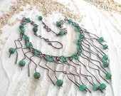 Turquoise Bib Necklace Hammered Copper Wire Wrapped Jewelry Handmade Zig Zag Pacific Blue Green Opal Picasso Glass Beads