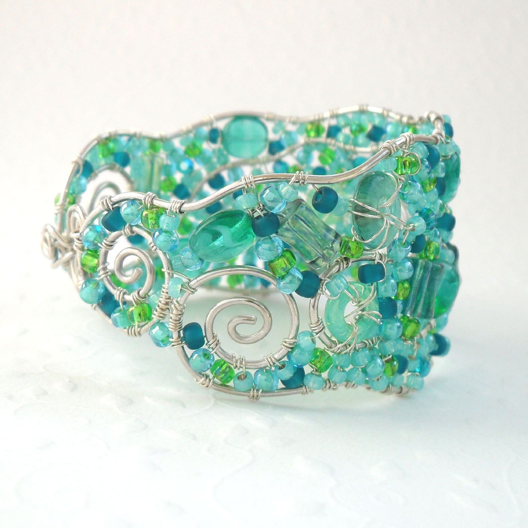 Turquoise Beaded Cuff Bracelet Bangle Sterling Silver Wire Wrapped Fine Jewelry Handmade Wire Woven Ocean Blue Wave Swirl Wide