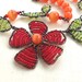 Beaded Flower Necklace Wire Woven Seed Beads Jewelry Antique Copper Tangerine Orange Green Red Wire Wrapped Leaf Leaves Floral Handmade OOAK