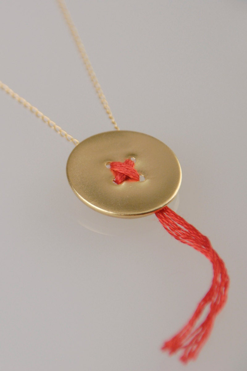 Button Jewelry, Gold Button and a red Thread Gold filled Necklace- Handmade- Ready to Ship