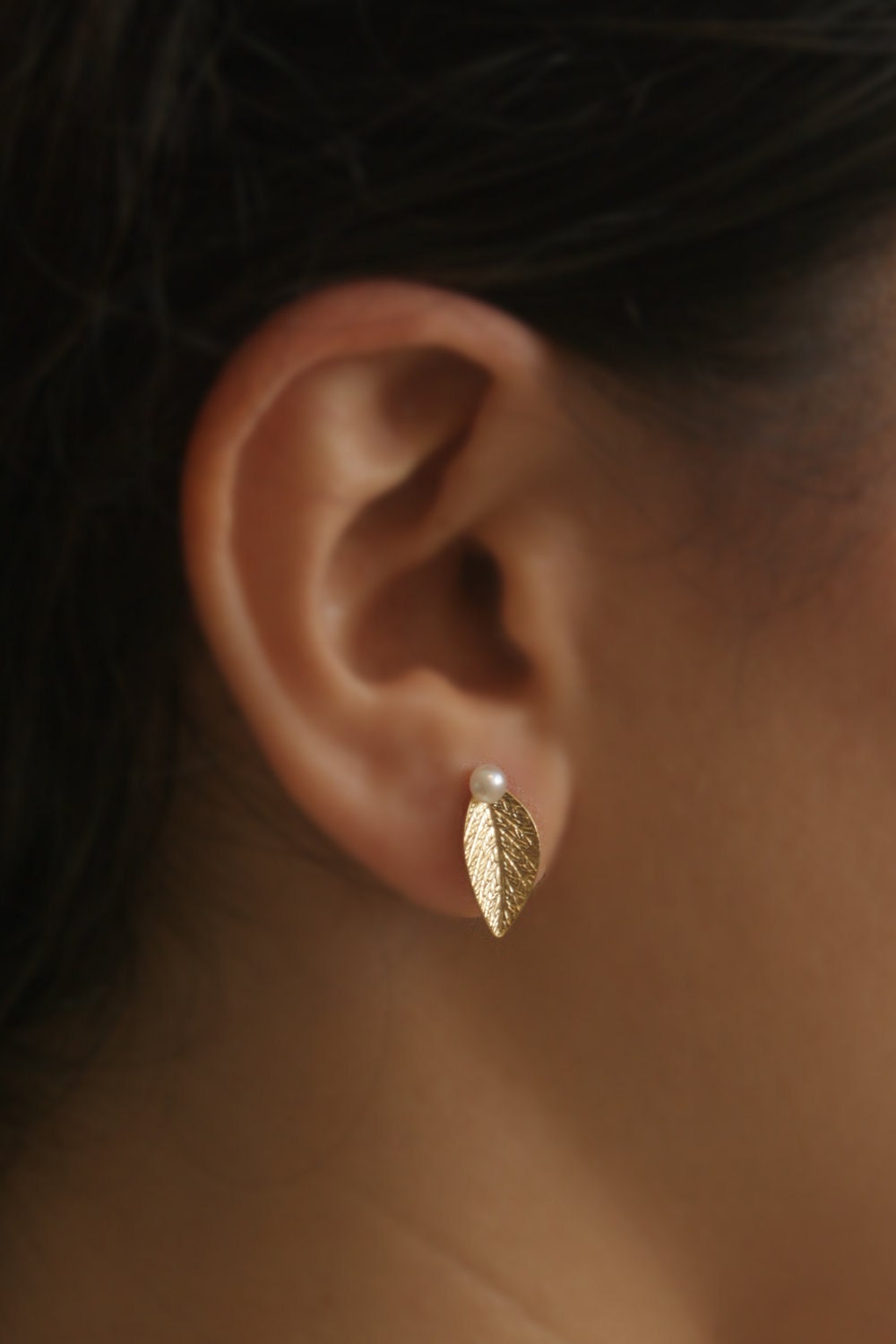 Leaf  Posts, Gold Leaf with a pearl Earrings, Small Stud Earrings- Ready to Ship
