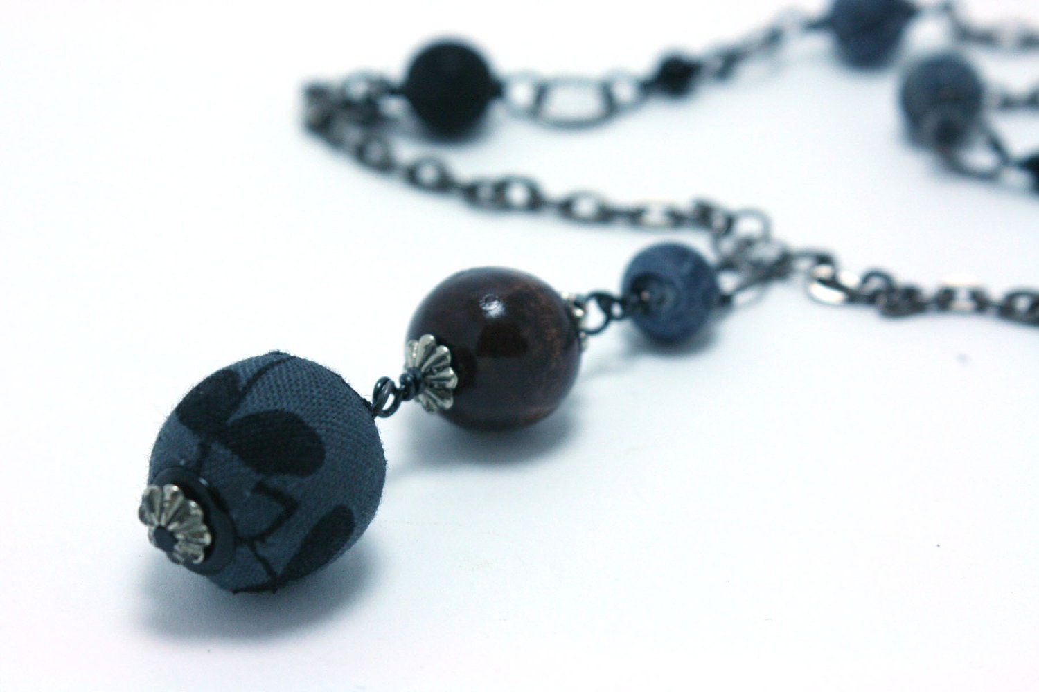 Elegant Fabric Necklace Tiered Handcrafted Pendant Black Fire Agate and Wood Beadwork