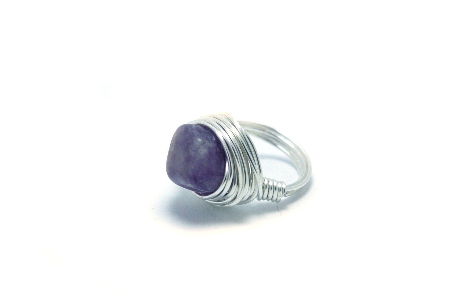 Amethyst Ring Silver Wire Wrapped Purple Stone Ring Handcrafted Jewelry - Size 5