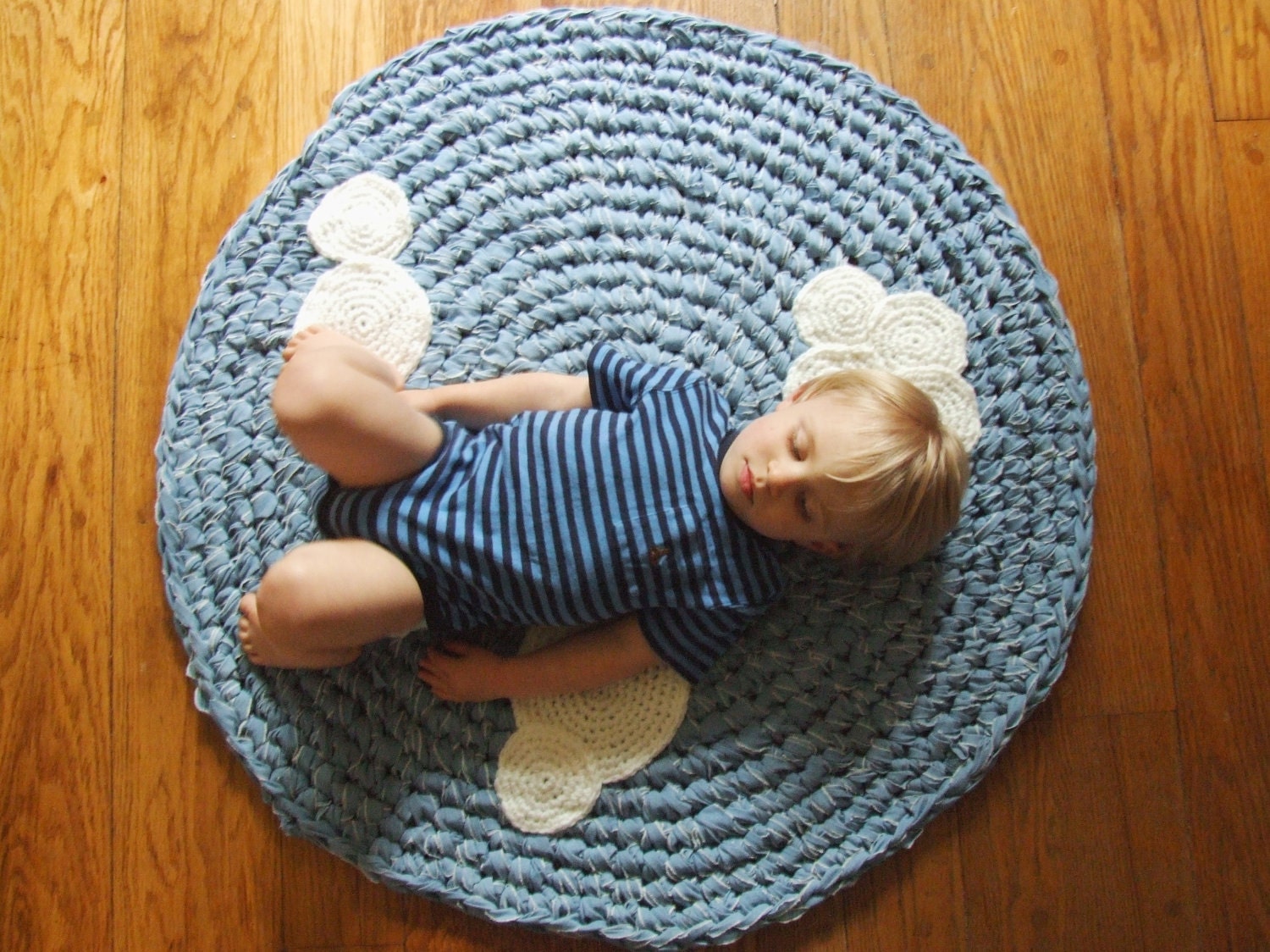 Crochet Rug Upcycled Cotton with Crochet Clouds SALE Blue and White Circle Round Nursery Rug as Featured in Etsy Finds
