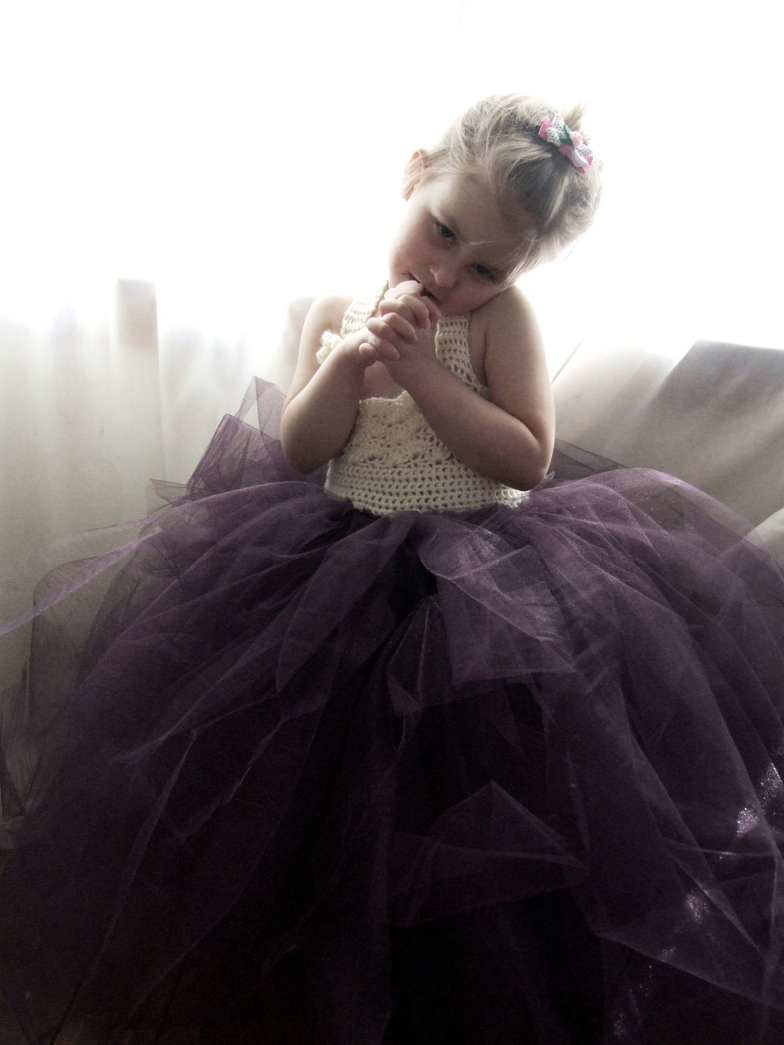 Flower Girl Tutu Dress Crochet Bodice Special Occasion Dress Shiny Eggplant Purple and Ivory Child Size 5 to 8