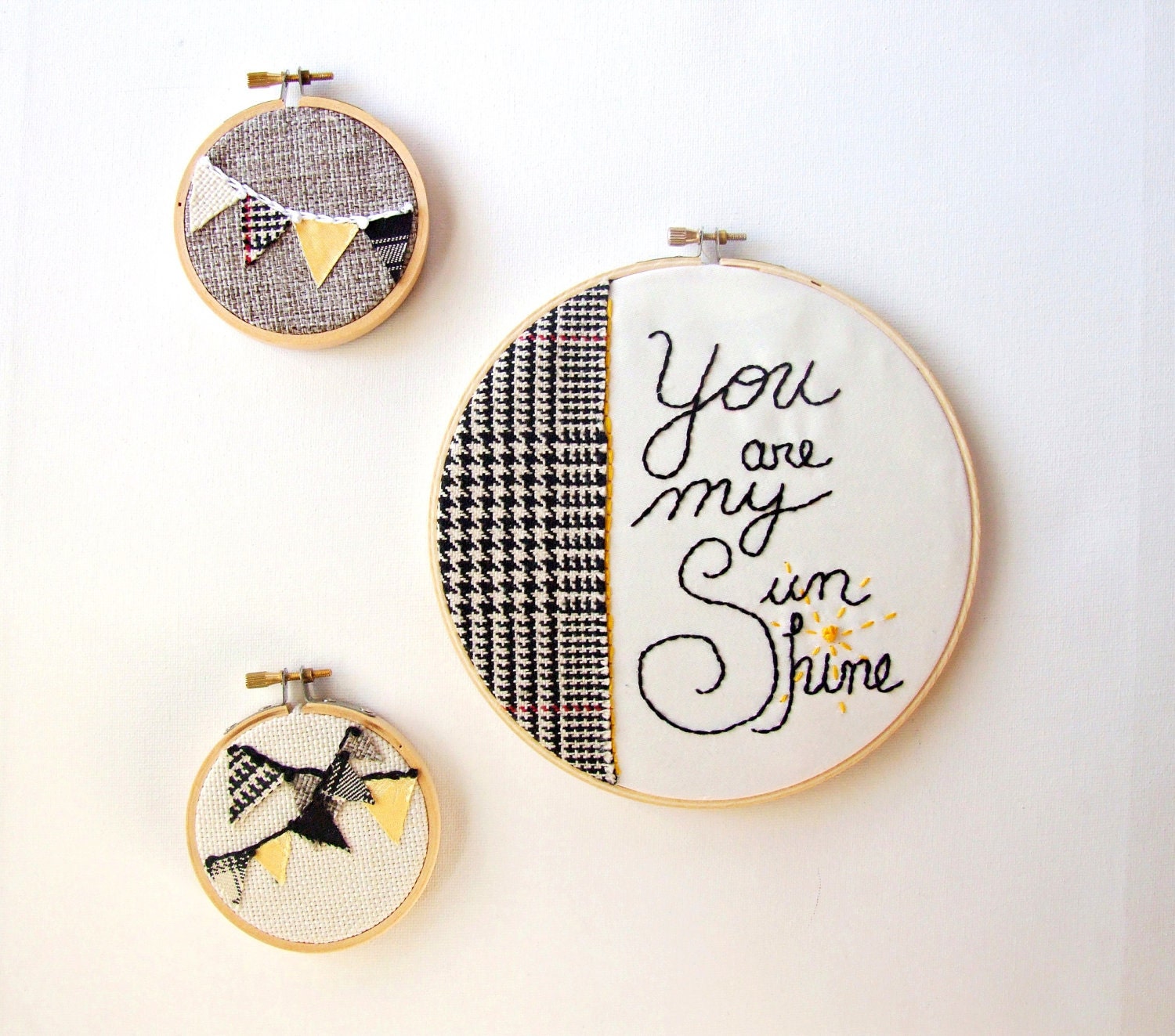 Nursery Art Embroidery Hoop Set Modern Wall Art Upcycled Fabric One of a Kind Black White and Yellow