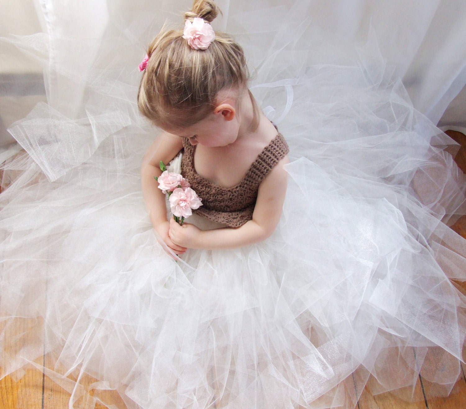 Flower Girl Tutu Dress Crochet Bodice Shiny Ivory and Mocha with Tulle Rose Special Occasion Dress Infant to Toddler Size 4