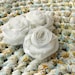 Upcycled Crochet Rug Vintage Floral Cotton with White Rolled Roses One of a Kind Shabby Chic Cottage Accent Rug