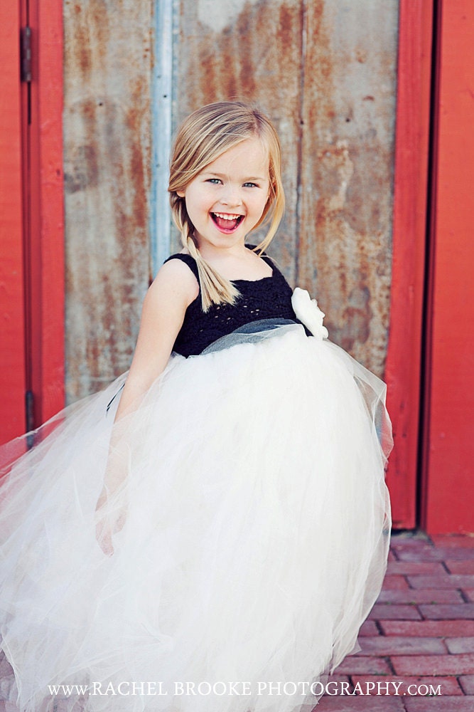Flower Girl Tutu Dress Crochet Bodice Shiny Ivory and Mocha with Tulle Rose Special Occasion Dress Infant to Toddler Size 4