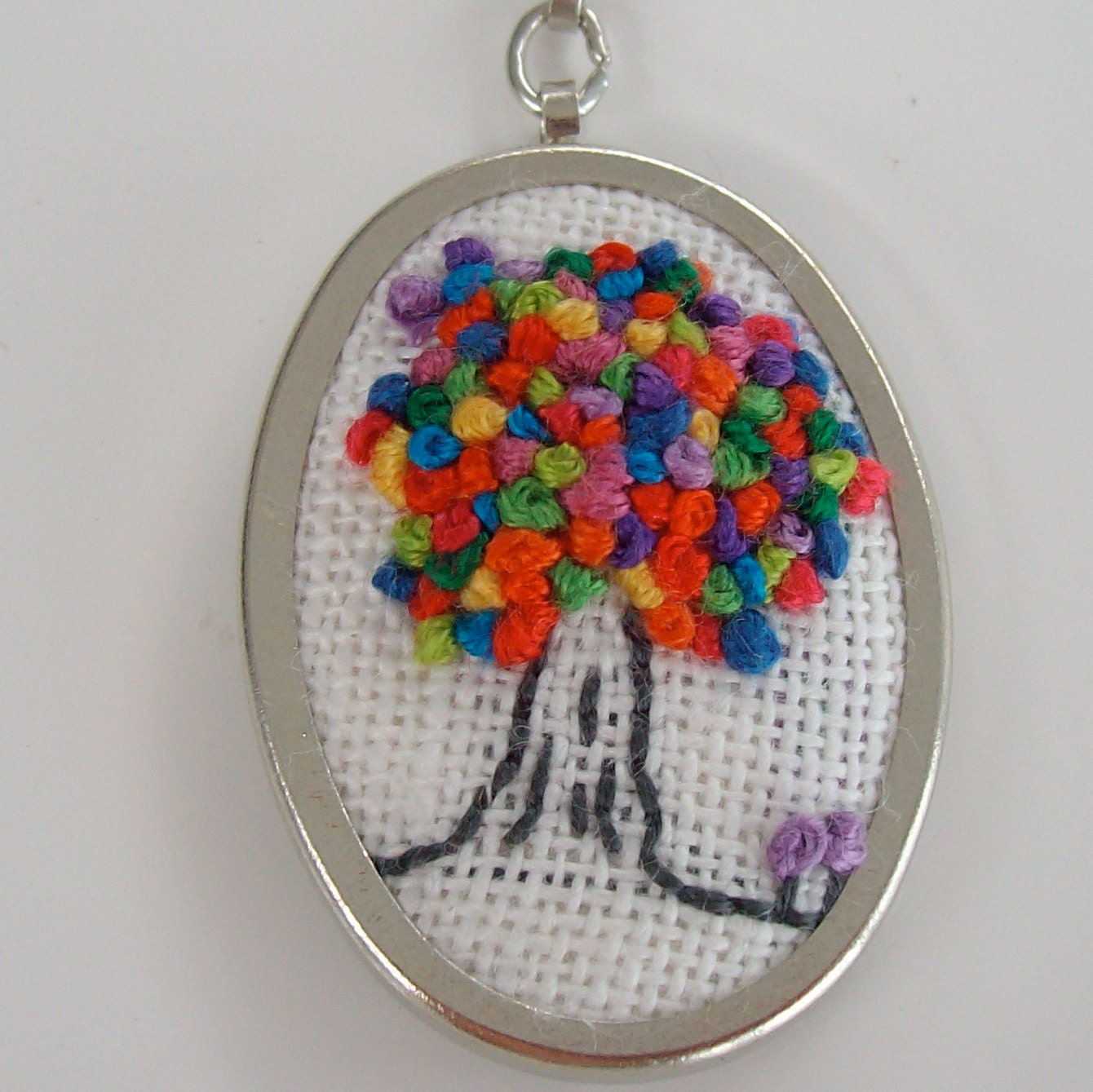 Tree pendant, french knot tree pendant, embroidered pendant, embroidered necklace, french knot tree necklace, rainbow tree necklace