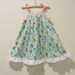 Trapeze Aline Ecofriendly Upcycled girls summer dress sundress, aqua blue cute green bears sunfrock, size 5 thrifted sheets white lace trim.