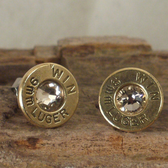 Bullet  Earrings  - Stud Earrings - Ultra Thin - 9mm Luger - Crystal