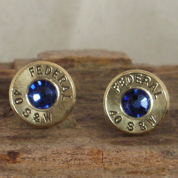 Bullet  Earrings  - Stud Earrings - Ultra Thin - Federal 40 S&W - Sapphire