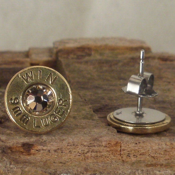 Bullet  Earrings  - Stud Earrings - Ultra Thin - 9mm Luger - Crystal