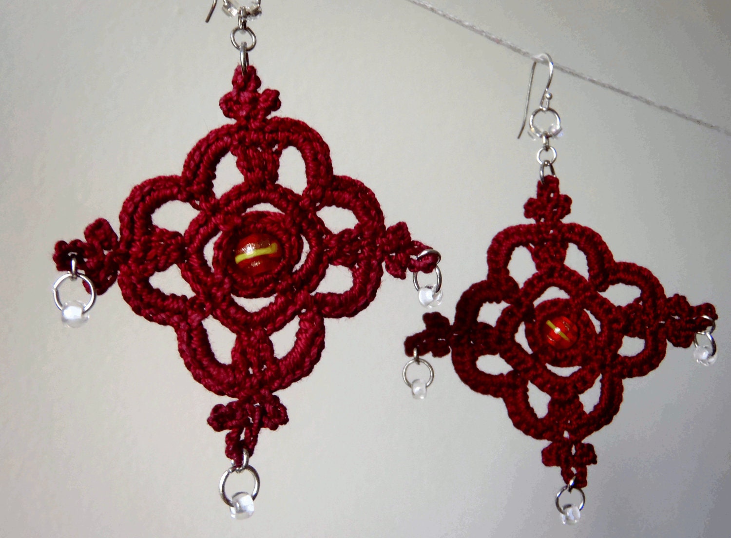 Crocheted Diamond-Shaped Earrings - Victorian Steampunk Style Jewelry Red