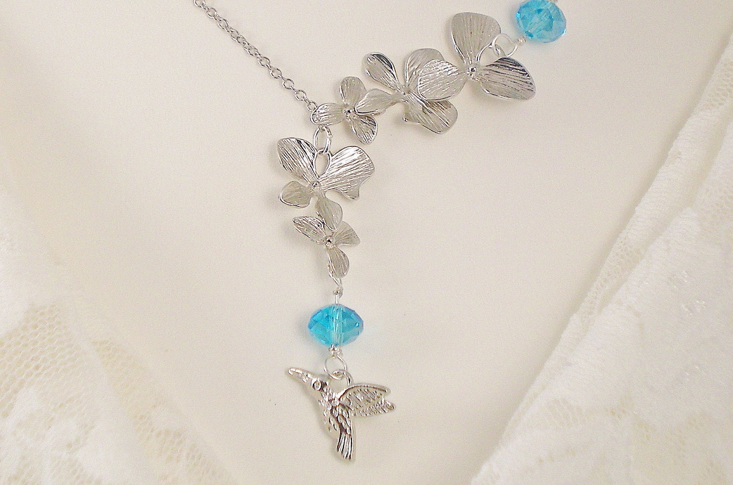 Custom Color - Hummingbird & Orchids Lariat, Sterling Silver Chain