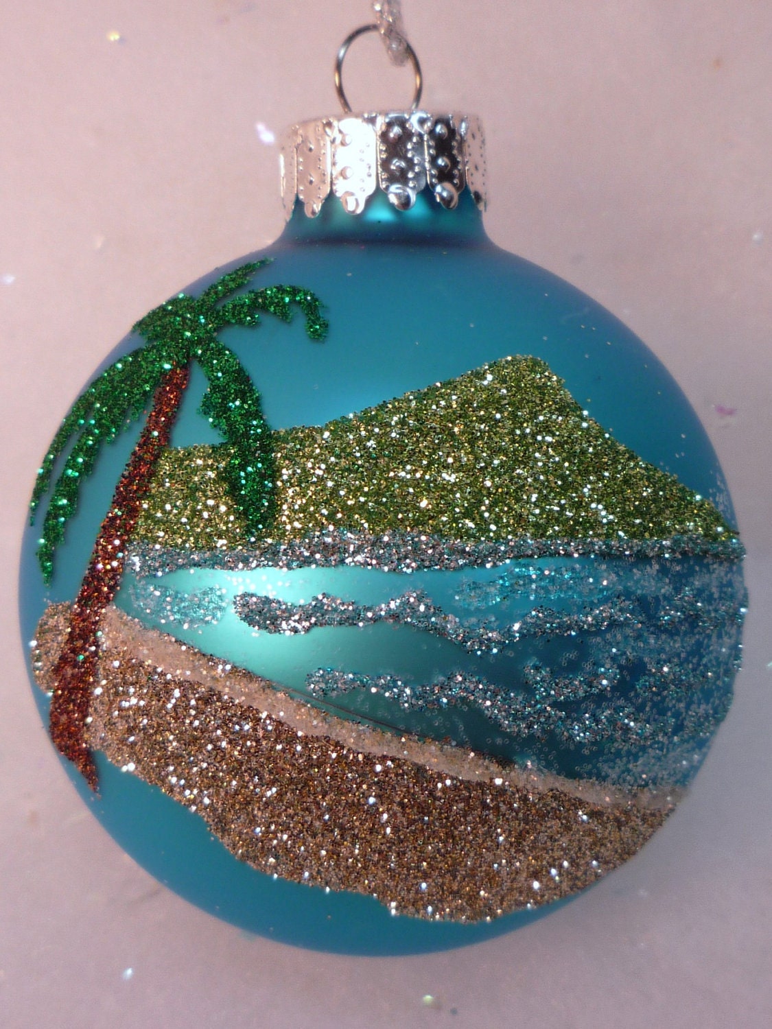 Hawaii Beach Scene Glass Ball Ornament - Diamond Head - Waikiki - Tropical Glitter Ornament