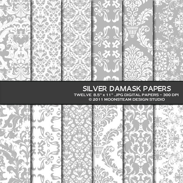 INSTANT DOWNLOAD Silver Damask Digital Paper Gray Damask Digital Backgrounds 8.5x11 12x12 A4 Commercial Use