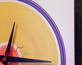 Clock. Hand painted in yellow, peach, blue and red.  Modern. Simple. Functional wall art. FAST SHIPPING. 29