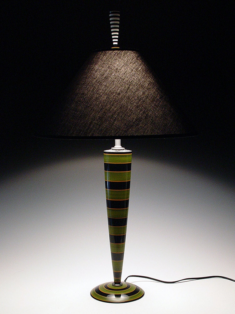 Handmade lamp. Table lamp. Desk Lamp.  Hand painted with green and black stripes. Black and white finial. Wonderfully whimsical. 72