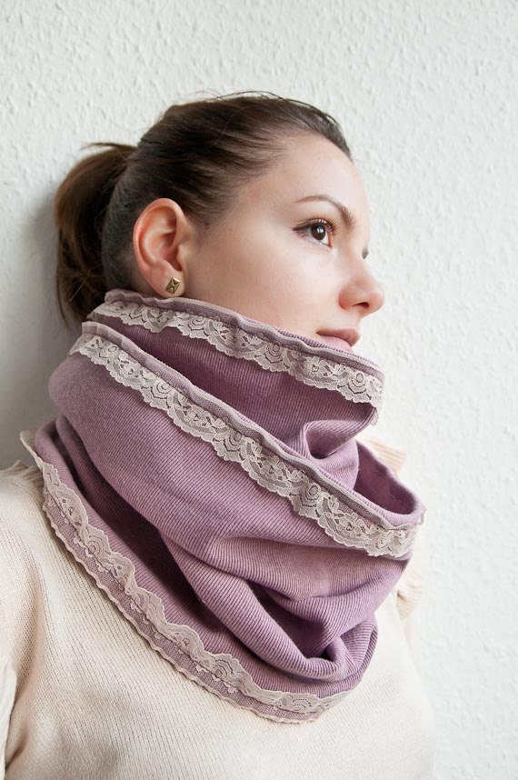 Lavender and Lace - Soft Lilac Jersey Knit Cowl Loop Circle Scarf Romantic Pastel Neckwarmer Free Shipping - BalloonHighway