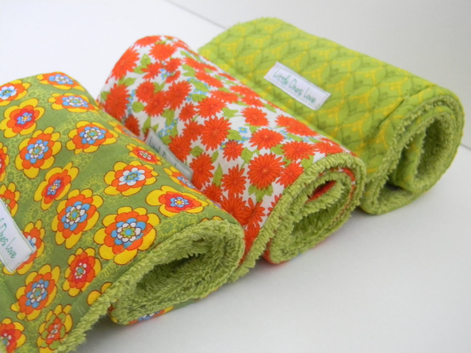 Set of 3 girl burp cloths: orange and green - littleoneslove