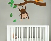 Kids tree branch vinyl wall decal with monkey hanging from branch and bird