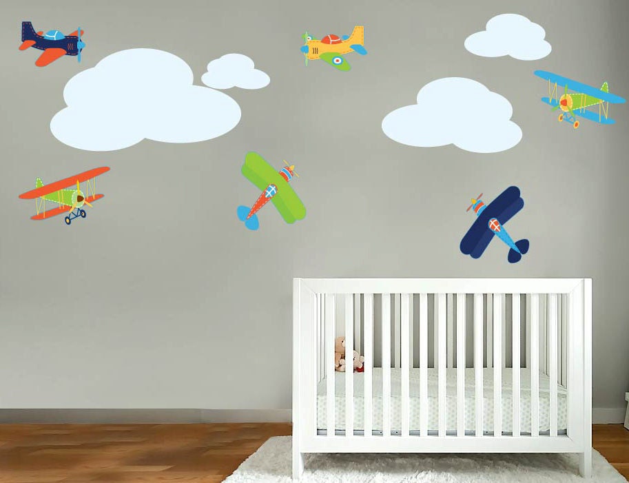 Kids childrens vinyl wall decal Vintage AirPlanes set of 6 and 4 clouds Great for boy nursery