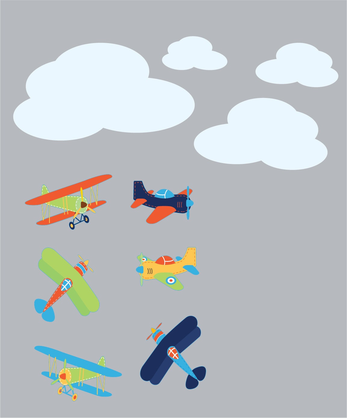 Kids childrens vinyl wall decal Vintage AirPlanes set of 6 and 4 clouds Great for boy nursery