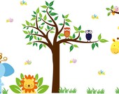 childrens vinyl wall decal Tree tree branch Elephant Giraffe Monkey Lion Birds owls and grass