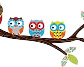 Kids tree branch with a set of 4 owls vinyl wall decal