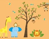 ON SALE childrens removable vinyl wall decal Tree and tree branch with Elephant Giraffe Monkey Lion Birds great for any nursery